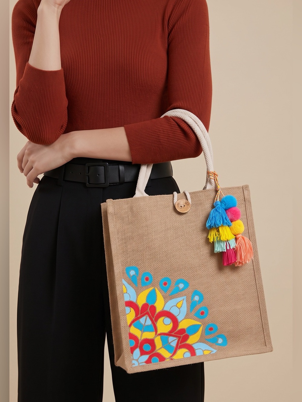 Natural Jute Tote with Multicolor Tassel Charm